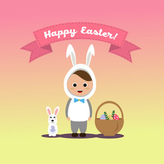 Boy in the costume of the rabbit at the easter holiday on the pink background with basket of eggs and congratulations
