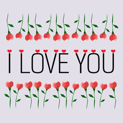 Abstract flowers with red polygonal and vintage hearts with text I Love You on the isolated dark background