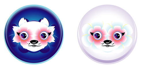 Cartoon anime face with big flowers-eyes. Funny animal white-vio