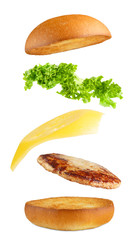 Burger explosion, flying layers isolated.