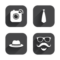 Hipster photo camera icon. Glasses symbol.