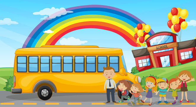 Students and school bus at school