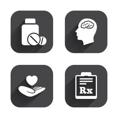 Medicine icons. Tablets bottle, brain, Rx.