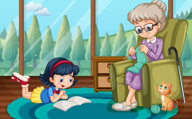 Girl reading and grandma knitting