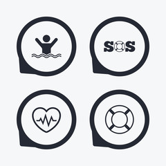 SOS lifebuoy icon. Heartbeat cardiogram.