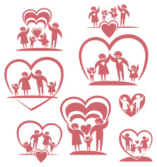 Love family. Parents and children. Vector icon set
