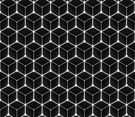 seamless grid pattern of  three-dimensional cubes and small spheres in black and white