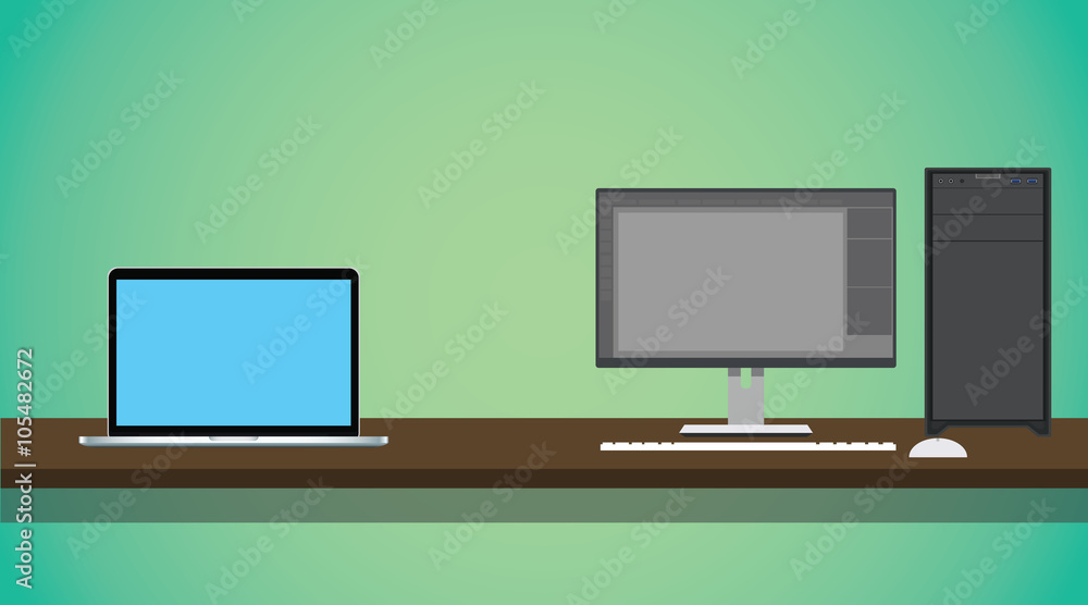 Poster pc vs notebook compare on the desk with green background