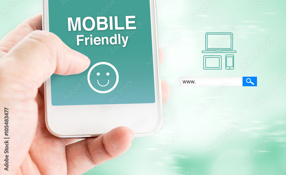 Poster hand touch mobile phone with mobile friendly word with search bo