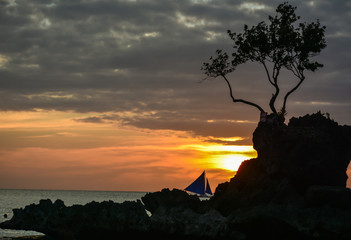 Sunset in Boracay with a rock and tree