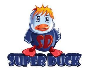 Cartoon duck. Baby duck. Duck character. Cute duckling in a suit with the letters SD. Character Super Duck isolated on white background