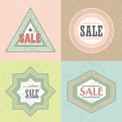Geometrical retro different shapes SALE emblem and stickers icons set on trendy matte colors backgrounds