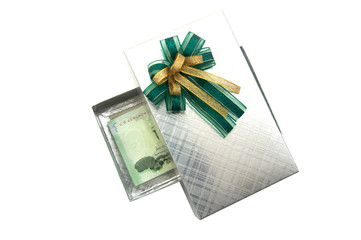 Thai money in silver gift box with green ribbon