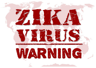 Red lettering on a background map of the world - Zika virus. Warning message in red. Vector inscription