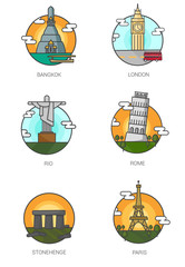 World Landmarks.stonehenge,Pisa,rio de janeiro,eiffel tower,Bigben,wat arun vector.