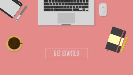 Set of Flat vector design illustration of modern business office and workspace. Top view of desk background with pen mouse,notebook and fountain pen,flat lay.