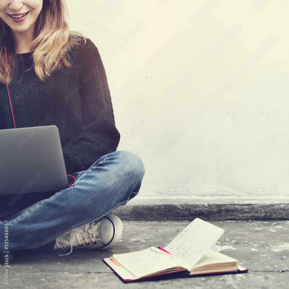 Canvas Prints student woman browsing notebook digital device concept