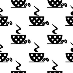 Seamless vector black and white pattern with closeup coffee cups with dots and grains. Series of Food, Drink and Black and White Seamless Patterns.