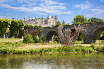 Obraz premium Castle of Carcassonne is a medieval fortified French town in the Region of Languedoc-Roussillon, France.