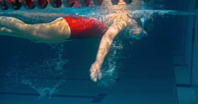 Underwater view of woman swimming front crawl and doing flip turn in the pool