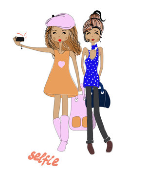 Two girls doing selfie Two girls doing selfie. Vector, illustration