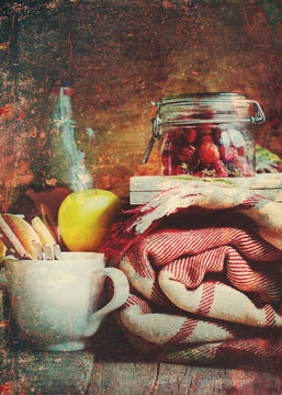 Picnic Set Vintage Objects Shabby Toned Effect