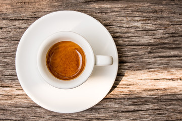 Coffee Espresso Cup on wood table (Top view)