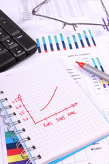 Pen, glasses and computer keyboard on financial graph, business concept