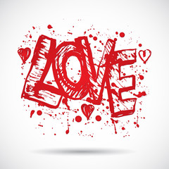Grunge background with bright red heart. Love. Paint splash.