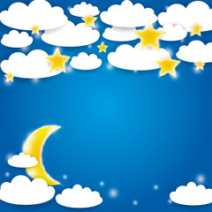Blue background with white clouds, stars and moon rising. Vector