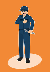 vector illustration of car auto service mechanic holding wrench cartoon character