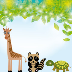 Giraffe,  raccoon and  turtle funny cartoon animals character. Summer background with green leaves.