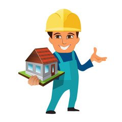 orker, builder holding, presenting a model of house