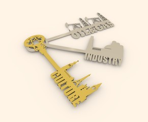 Various keys with landmarks, factory, gas rig and pump jack
