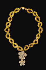necklace on a black background in close up. beaded necklace