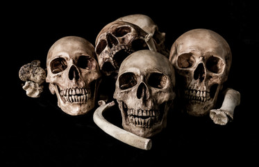 Still life human skull and bones, genocides concept