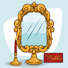 Mirror with a Candlelight and a Greeting Card for Nowruz, Vector Illustration