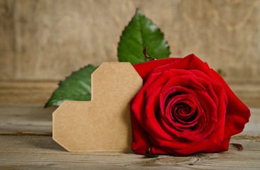 Red rose with valentine for text on wooden background
