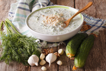 Summer cold soup tarator close up and ingredients on the table. horizontal

