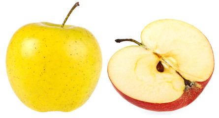 Yellow apple and half of red apple on a white background