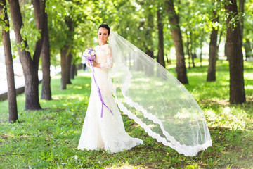  beautiful sensual young brunette bride in long white wedding dress and veil outdoors