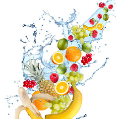 Fresh fruits falling in water splash, isolated on white background
