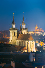 Fototapeta na wymiar Night cityscape of Prague, Czech Republic. Church Of Our Lady Be