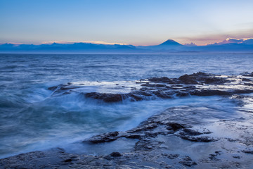 Japan seacape coastline and Mt. Fuji in beautiful sunset