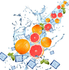 Fototapeta na wymiar Water splash with fruits isolated on white backgroud. Fresh grapefruits