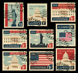 Fototapeta premium set of stamps with the image of the United States of America architectural landmarks