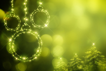 Green Christmas (New Year) background particles, toys and Christmas tree