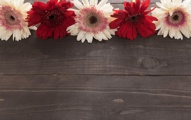 Pink and red gerbera flowers are in the wooden background