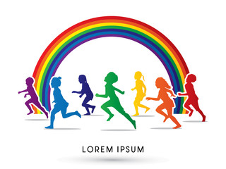 Silhouette, Children running, Designed using colorful colors on rainbows background graphic vector.