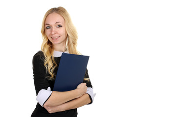 girl in black dress holding a clipboard isolated on white background